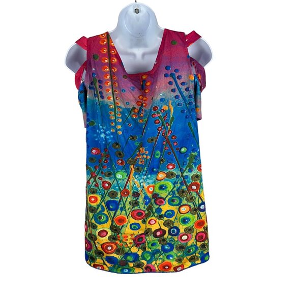 Colorful Sleeveless Cold Shoulder Top Front Zipper & Abstract Print Chicme S - Picture 3 of 6